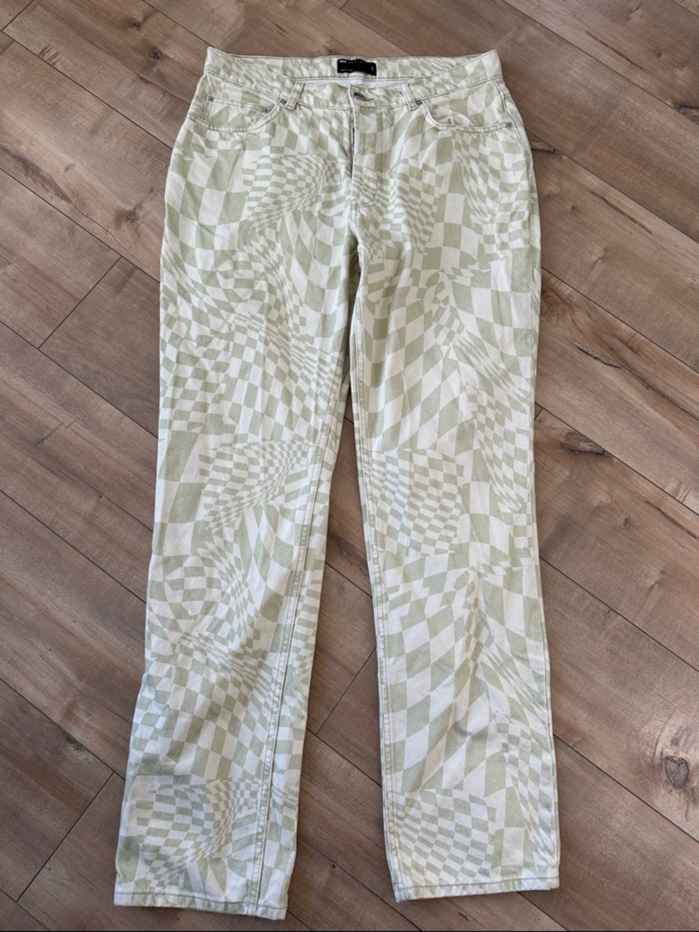 ASOS Men's Patterned Light Green Checkerboard Geometric Print Pants Sz 32/34